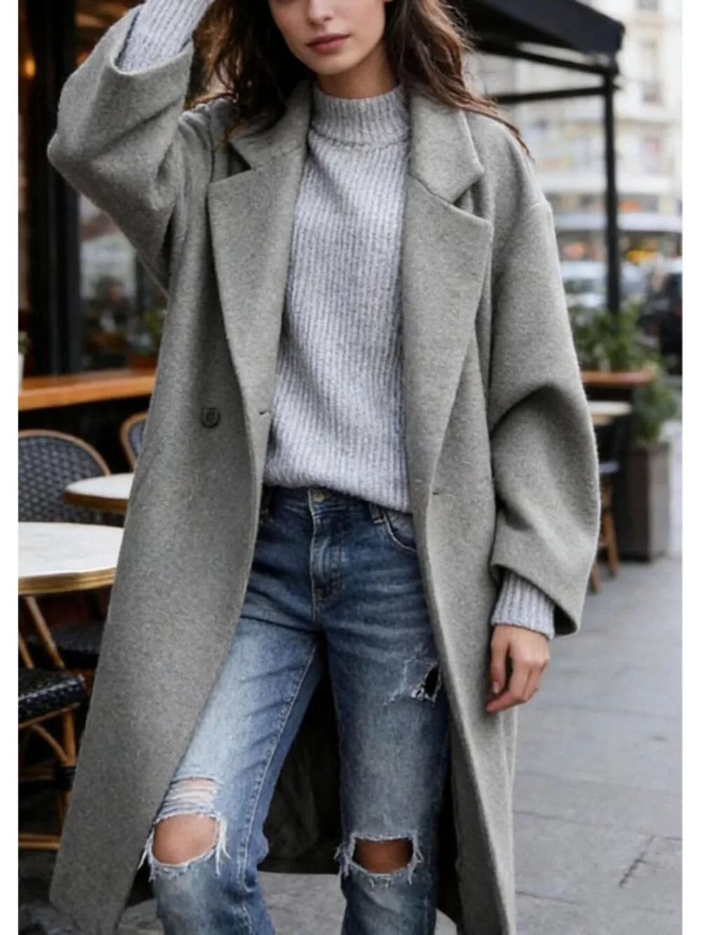 Women's Grey Notched Collar Wool Blend Single Breast Midi Long Trench Coat